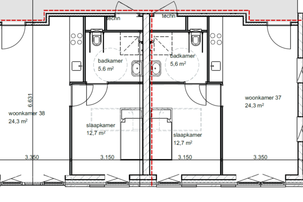 Tweede verdieping: tweekamer-appartement met keuken